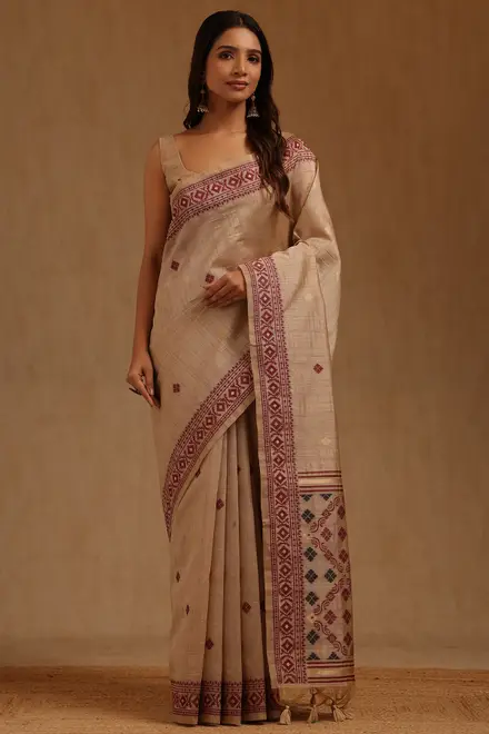 beige tussar woven design saree womens soch